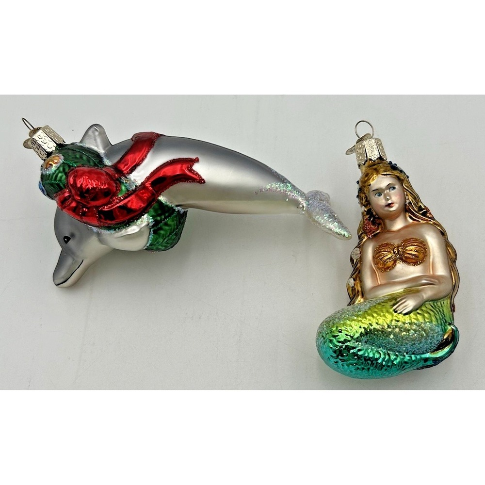 Lot Of 2 Vintage Old World Christmas OWC Dolphin & Mermaid Ornament Glass Ocean